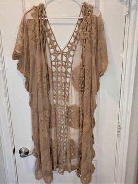 Rebellion Again 2X Boho Lace Kimono Cardigan Duster Sheer Tan Crochet Trim